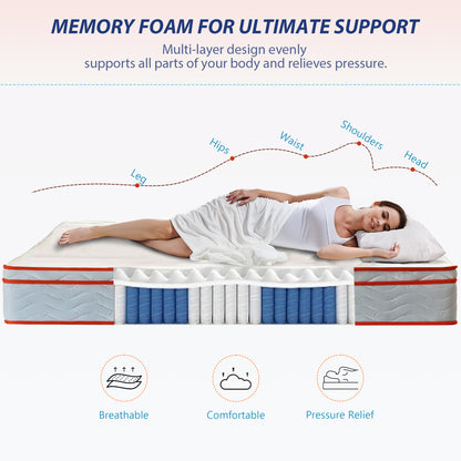 Queen Memory Foam Mattress 12 Inch Hybrid in a Box for Bedroom