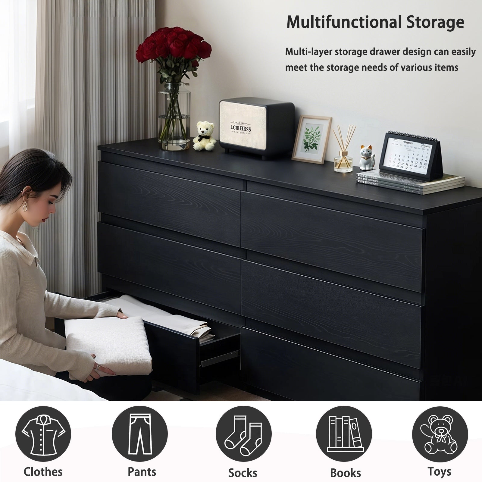 6 Drawer Black Dresser - Modern Storage for Bedrooms & Living Rooms