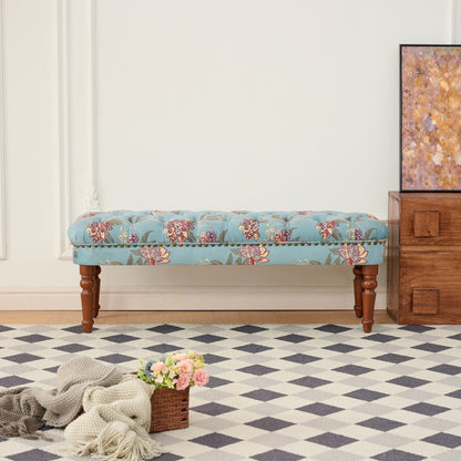 European Style Tufted Floral Bench with Turned Wood Legs,American Upholstered Ottoman for Bedroom & Primary Living Space