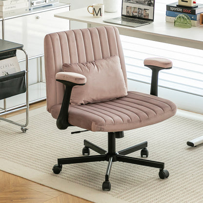 Pink Velvet Criss Cross Armrest Office Chair with Wheels - Comfortable for Home Office, Reading & Vanity