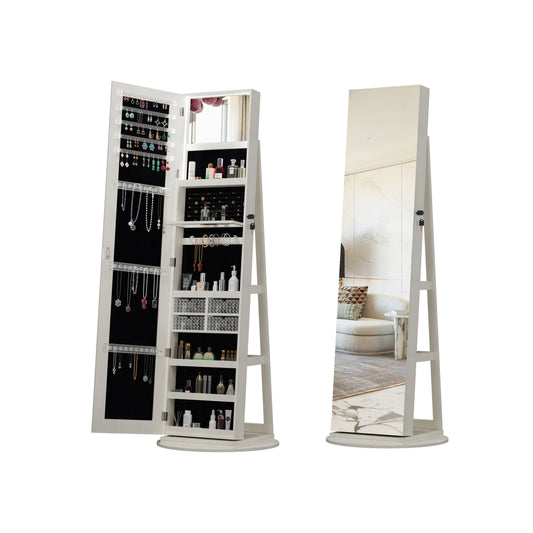 360°Swivel Jewelry Cabinet with Full Length Mirror, 360°Rotating Standing Jewelry Armoire Organizer, Lockable Storage Cabinet, Interior Lighted Mirror, White