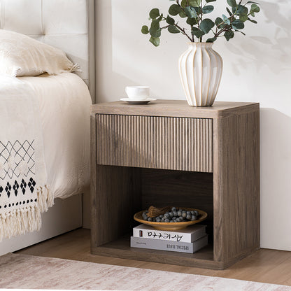 Night Stand Nightstand with Drawer Storage Fluted Bed Side Table End Table Large Modern Wide Bedside Stand Mid Century Night Stands for Bedroom Living Room Sofa Couch Home Office, Grey Alder