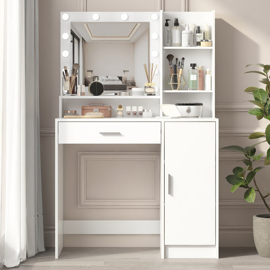 White Makeup Vanity with Mirror & Lights - 3-Drawer Storage Dresser