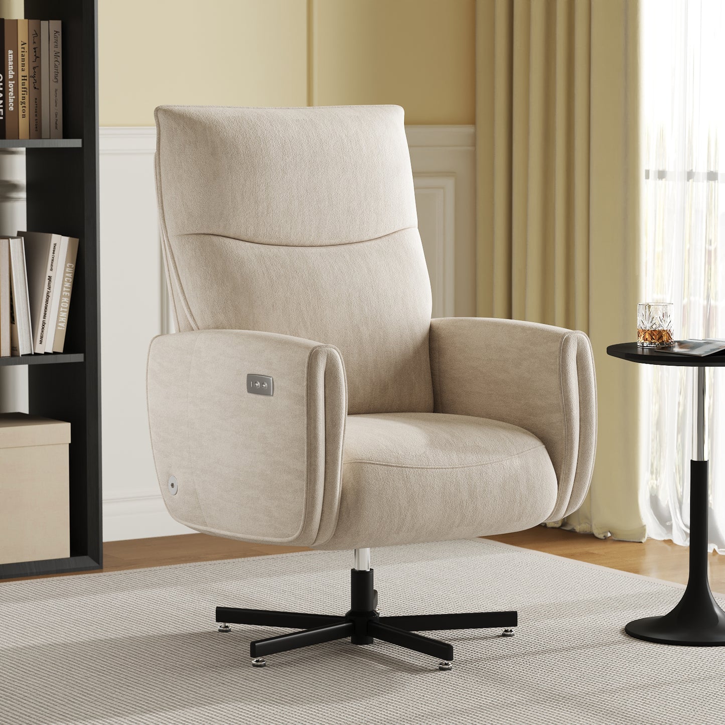 Beige White Velvet Power Recliner Chair - Swivel & USB Charging