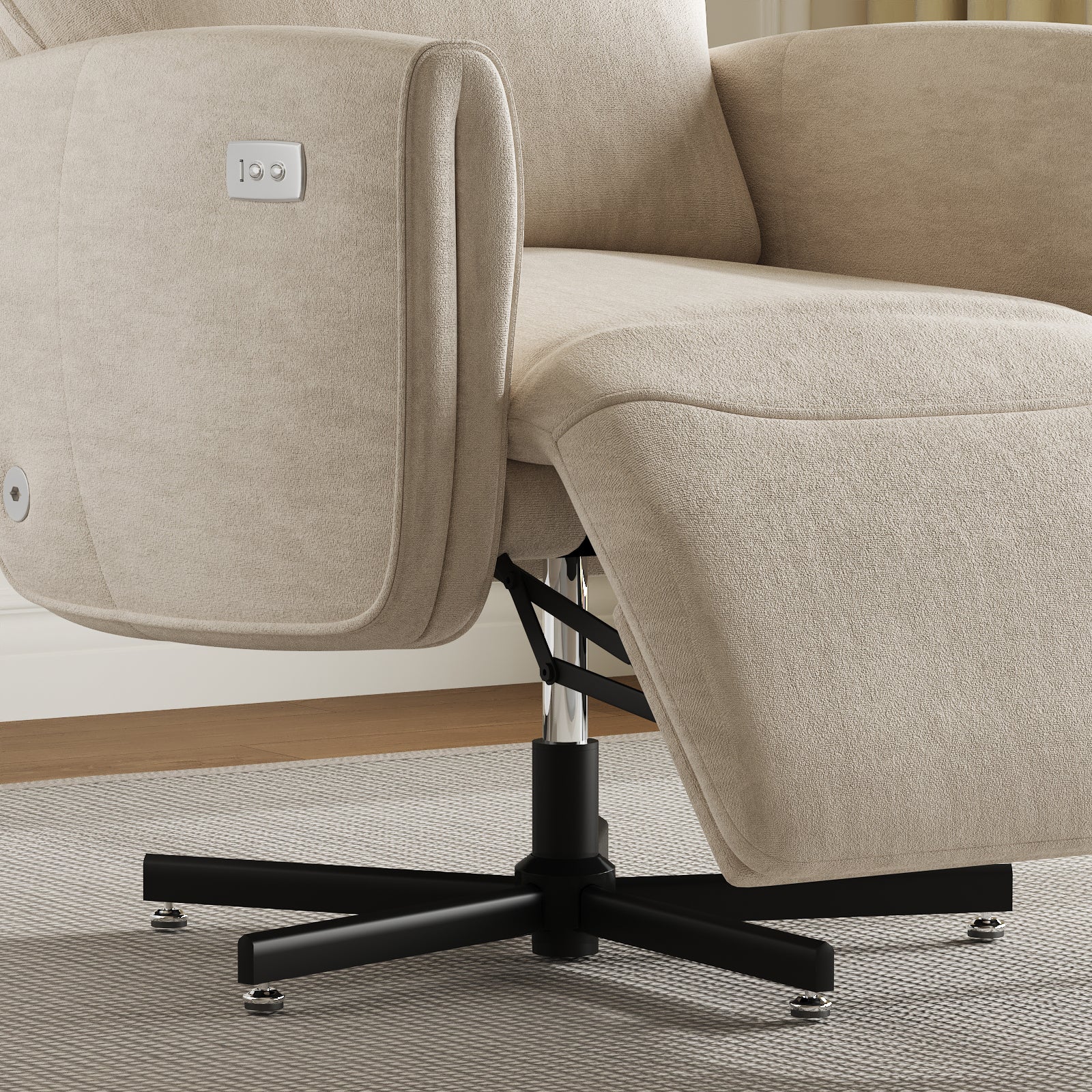 Beige White Velvet Power Recliner Chair - Swivel & USB Charging