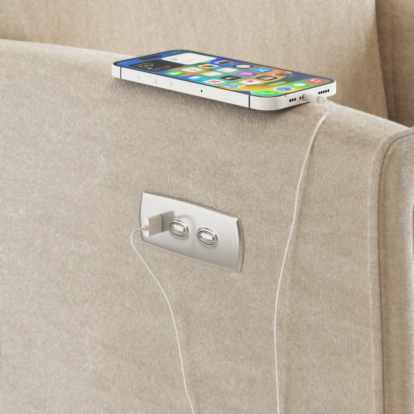 Beige White Velvet Power Recliner Chair - Swivel & USB Charging