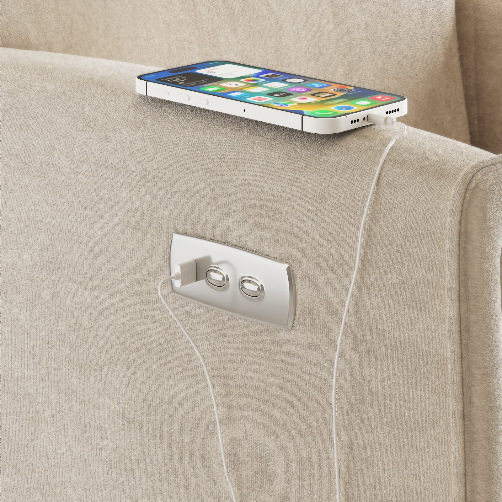 Beige White Velvet Power Recliner Chair - Swivel & USB Charging