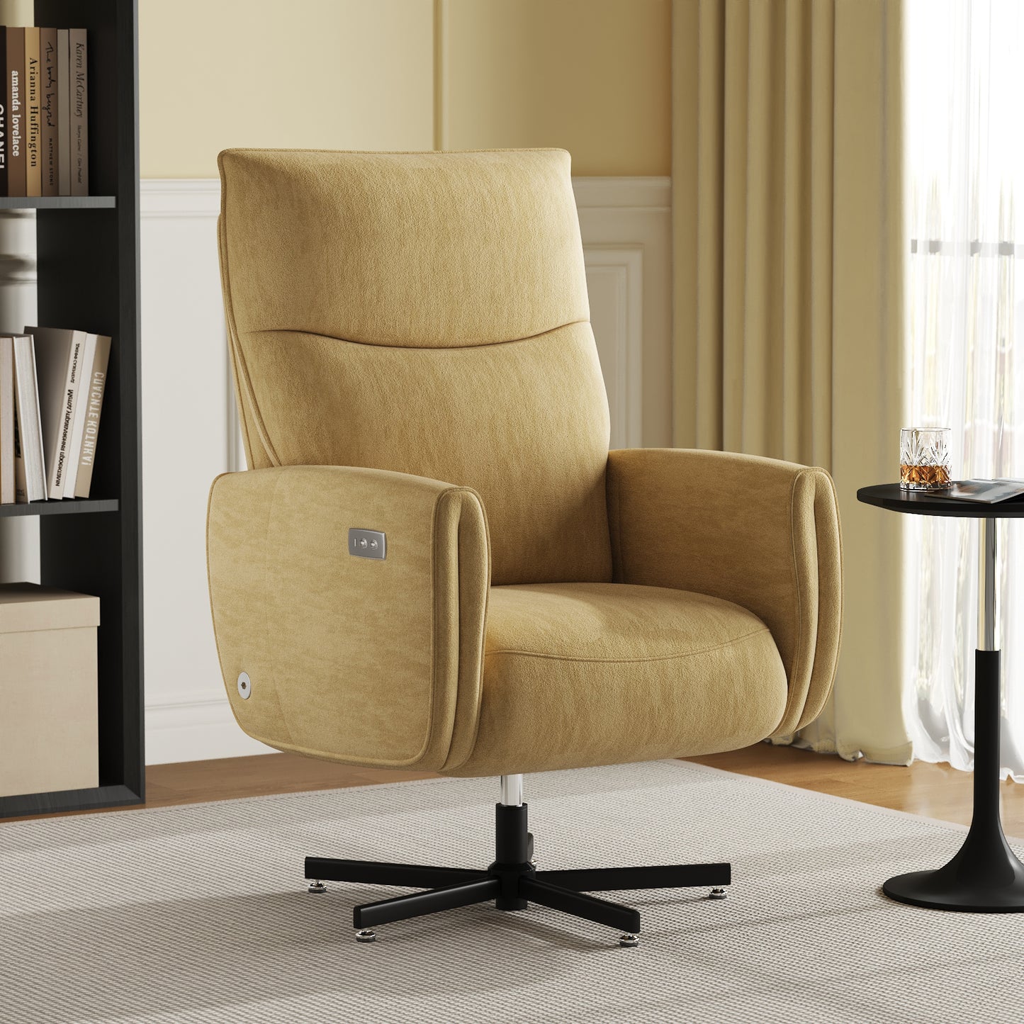 Yellow Velvet Power Recliner - USB Charging & Swivel Office Chair