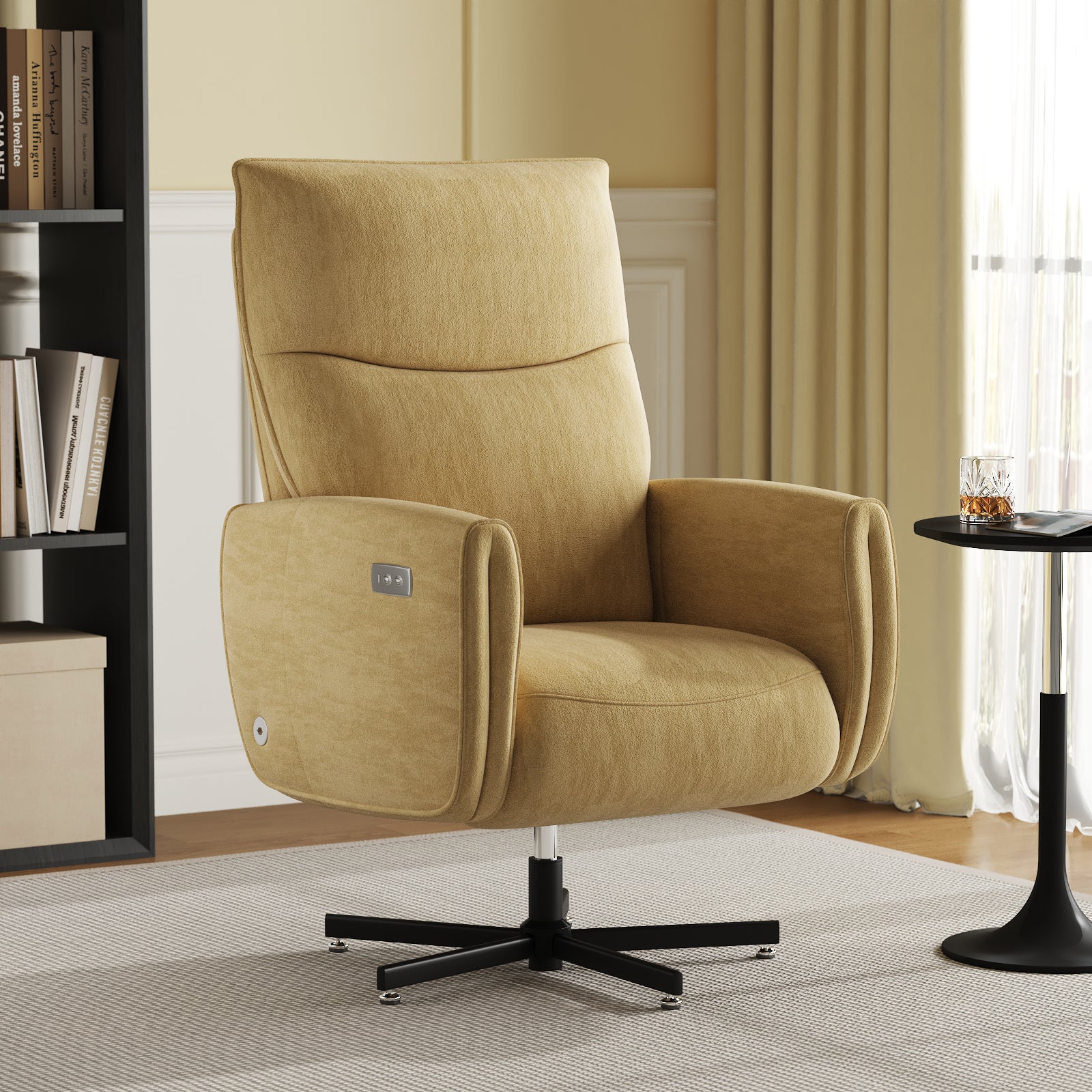 Yellow Velvet Power Recliner - USB Charging & Swivel Office Chair