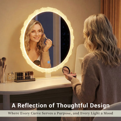 White MDF Makeup Vanity with Round Mirror & LED Light for Bedroom