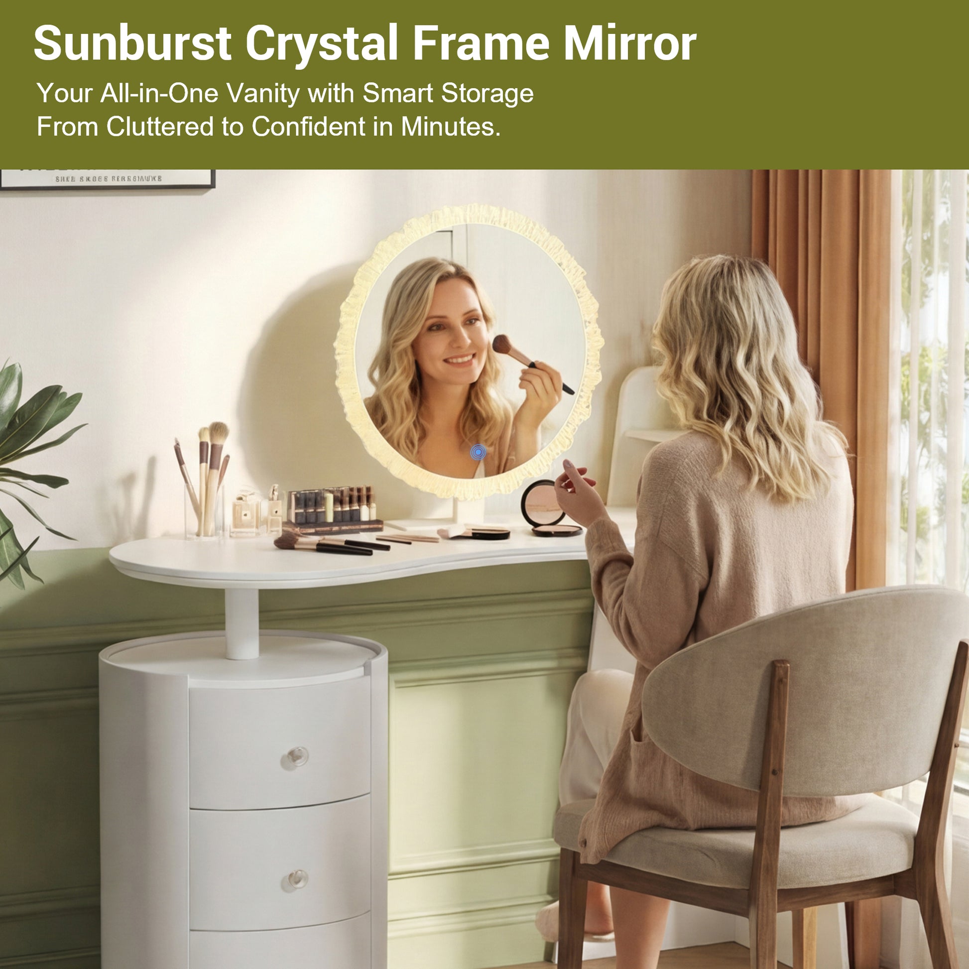 White MDF Makeup Vanity with Round Mirror & LED Light for Bedroom