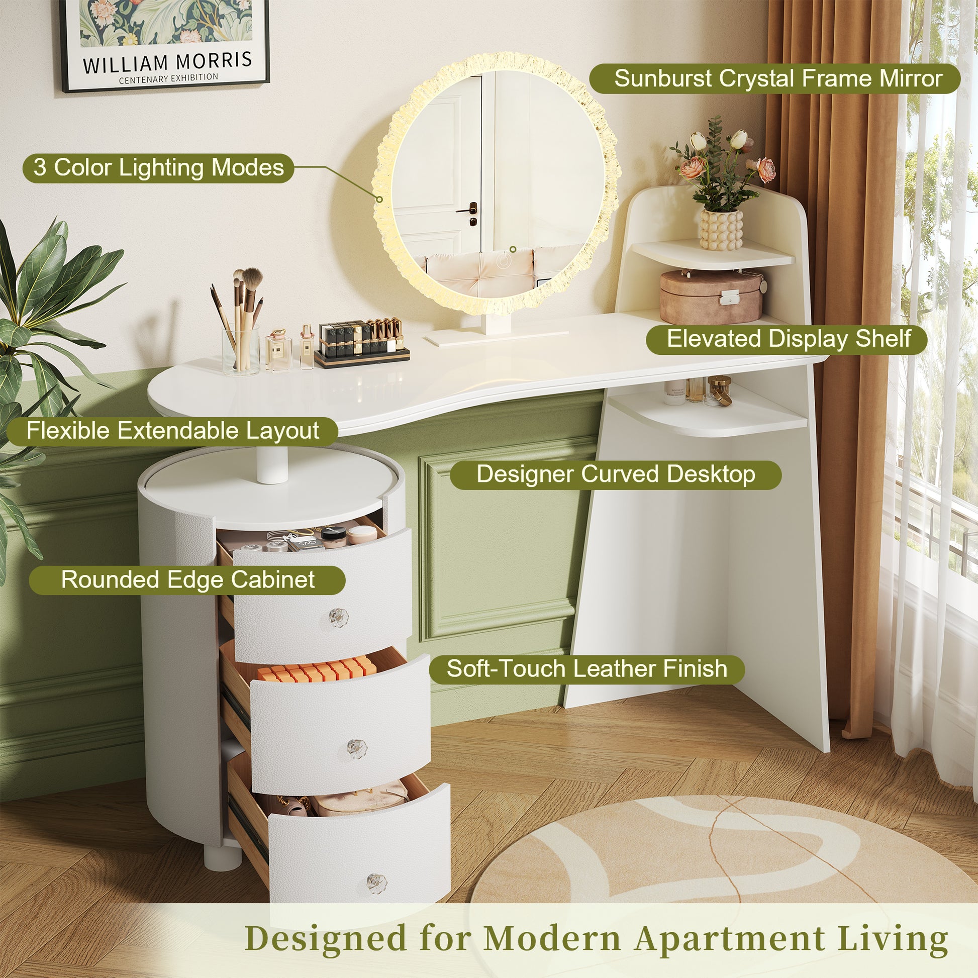 White MDF Makeup Vanity with Round Mirror & LED Light for Bedroom