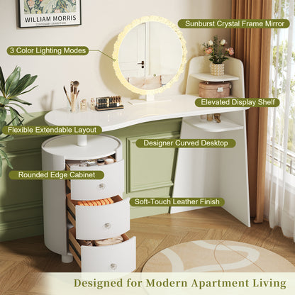 White MDF Makeup Vanity with Round Mirror & LED Light for Bedroom