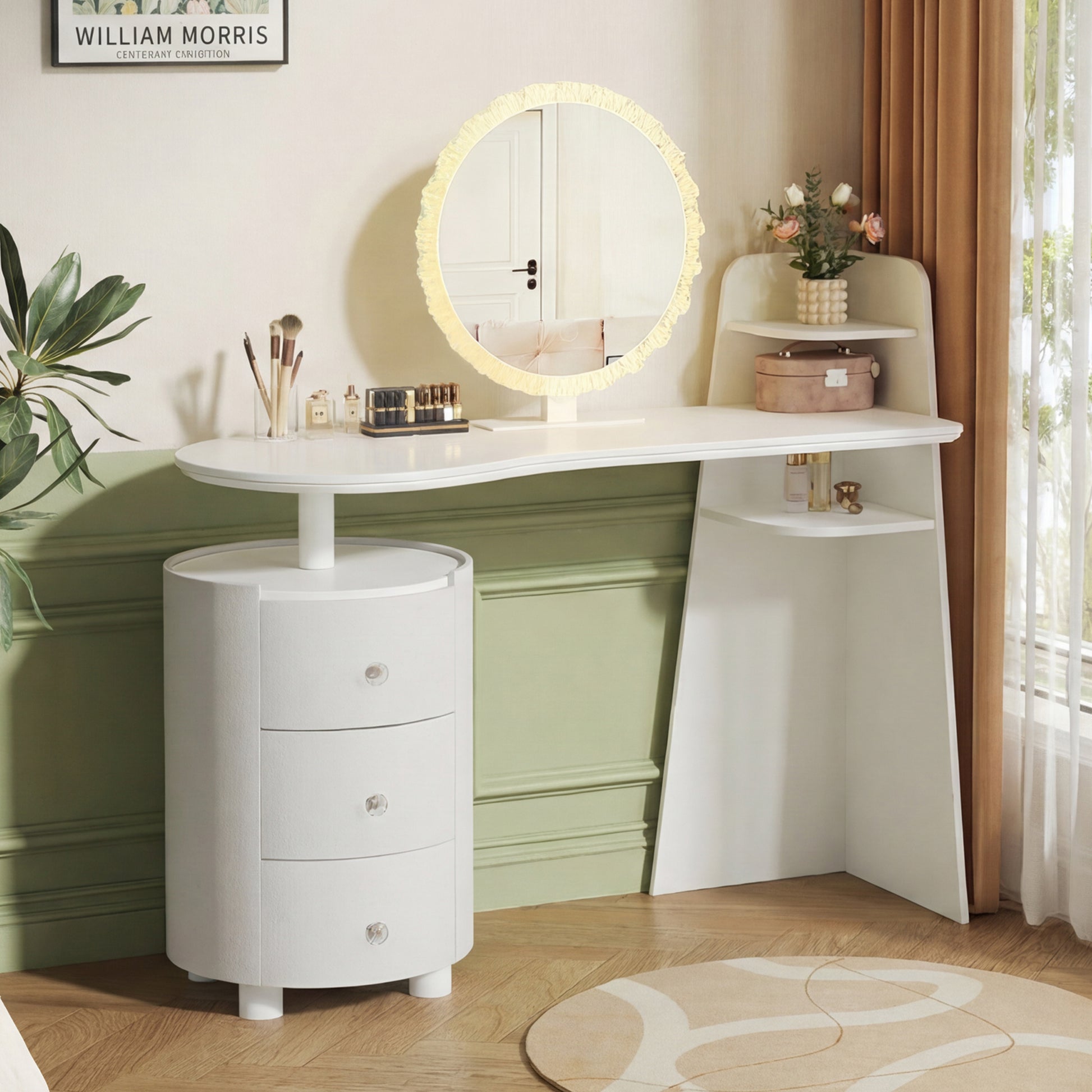 Dressing Table with 3-Color LED Round Mirror, Rotatable 3-Tier Cylindrical Storage Cabinet, Light Luxury Vanity, Easy Assembly