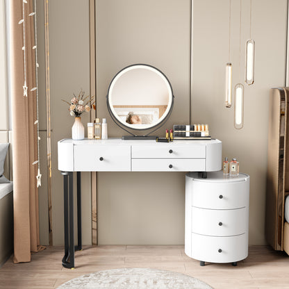 White MDF Makeup Vanity with Round Mirror & Storage