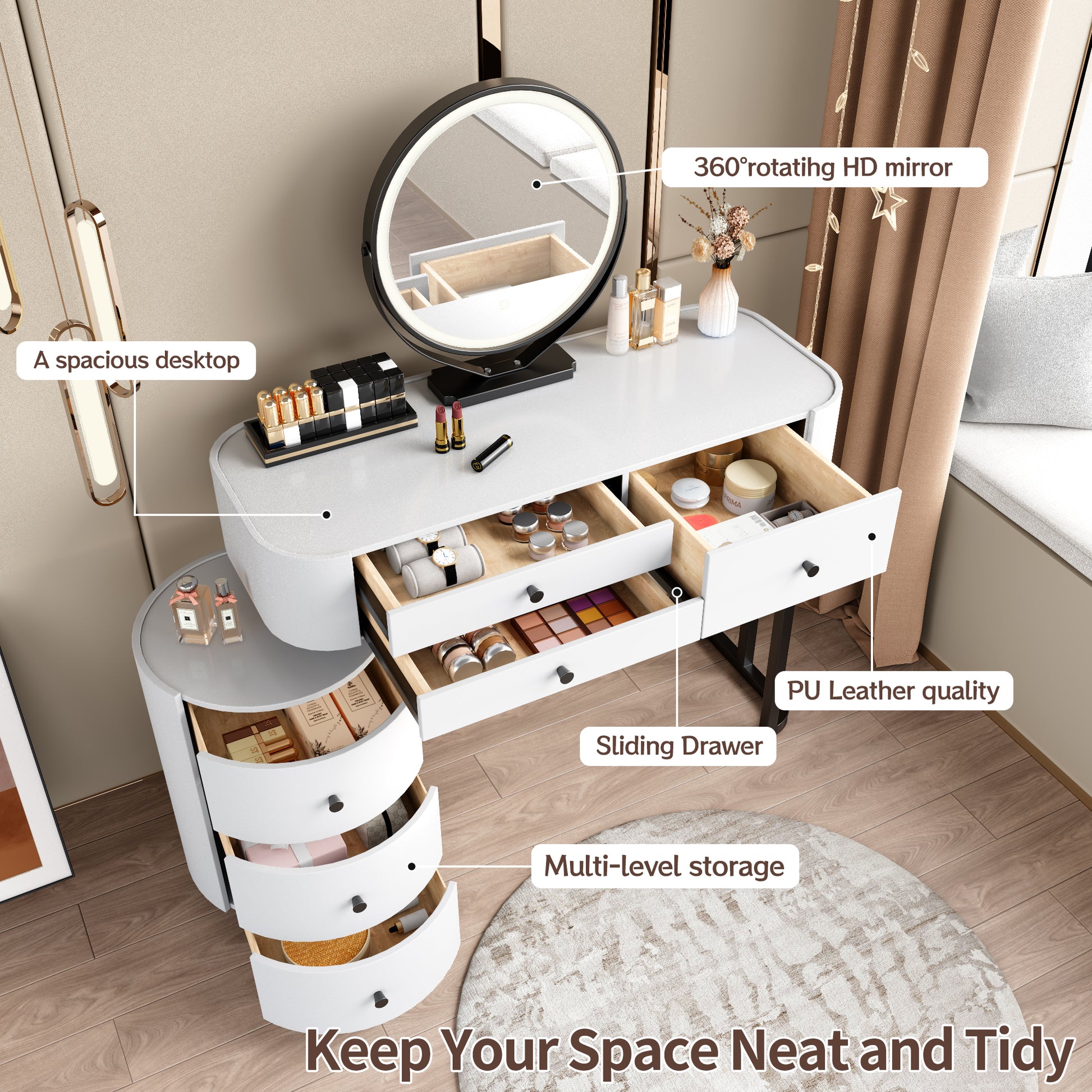 White MDF Makeup Vanity with Round Mirror & Storage