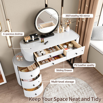 White MDF Makeup Vanity with Round Mirror & Storage