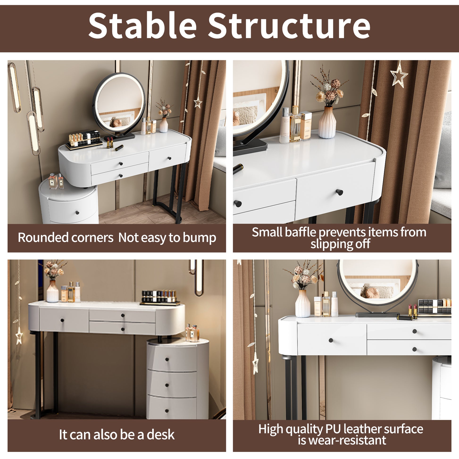 White MDF Makeup Vanity with Round Mirror & Storage