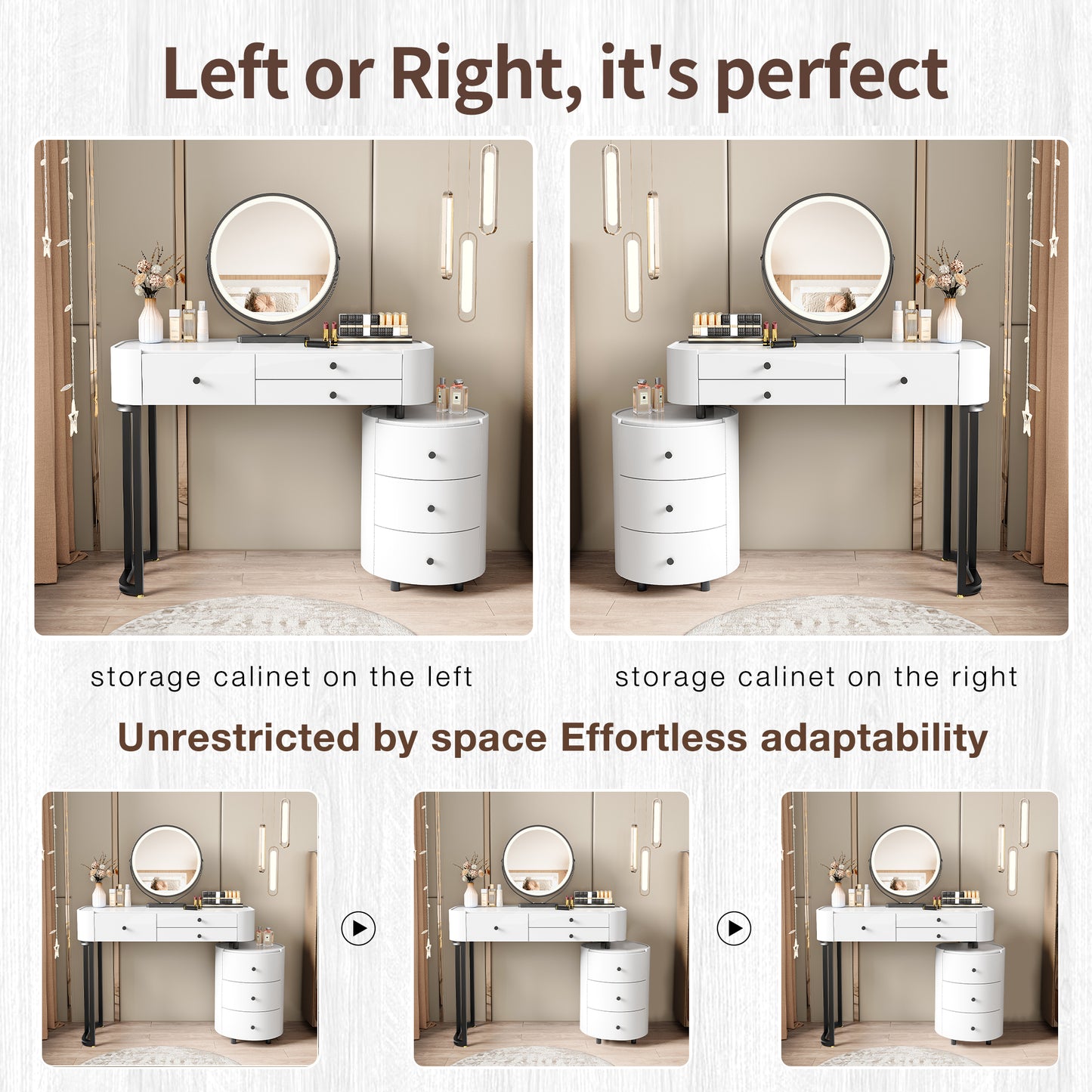 White MDF Makeup Vanity with Round Mirror & Storage