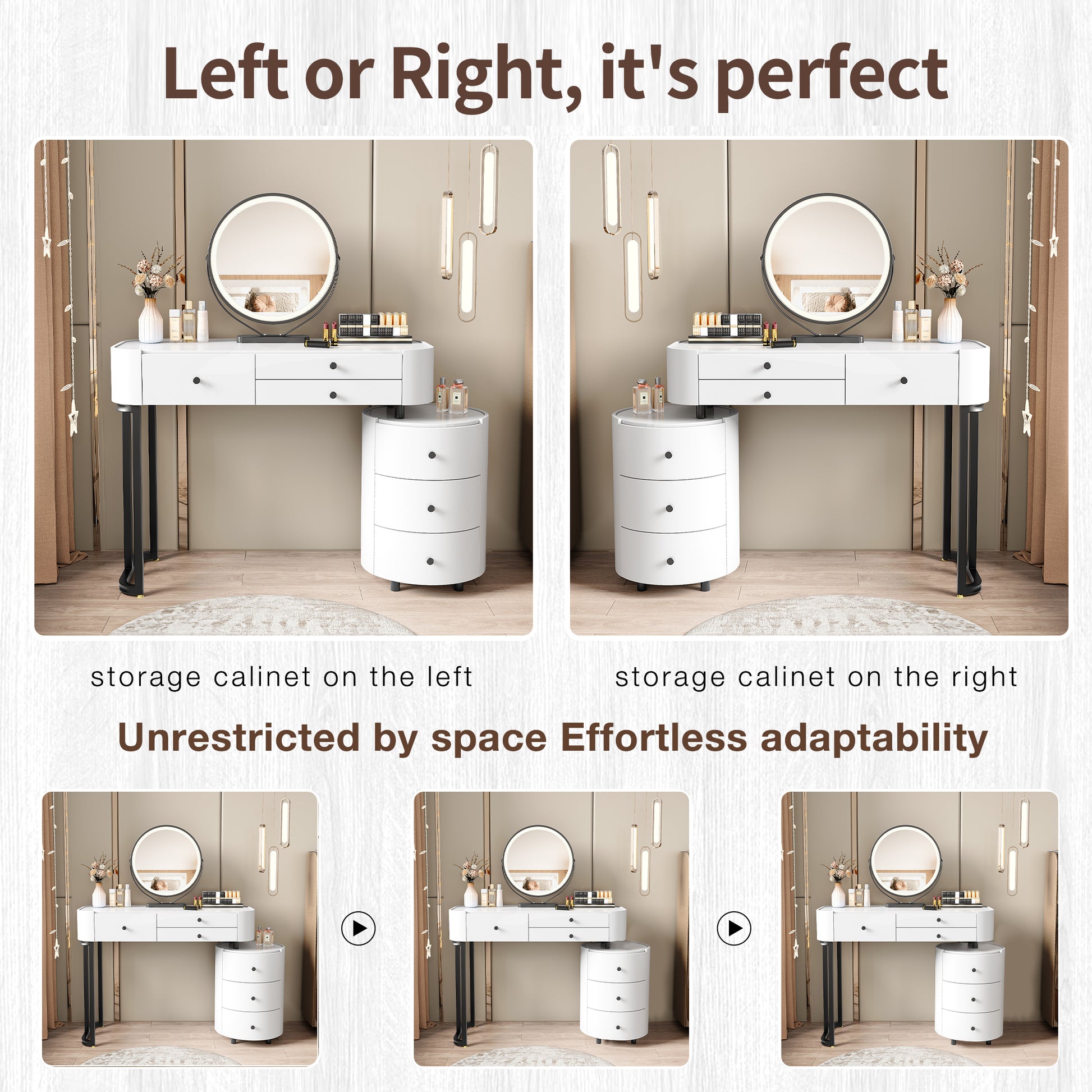White MDF Makeup Vanity with Round Mirror & Storage