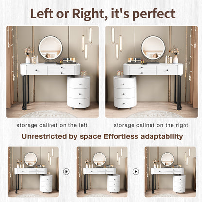 White MDF Makeup Vanity with Round Mirror & Storage