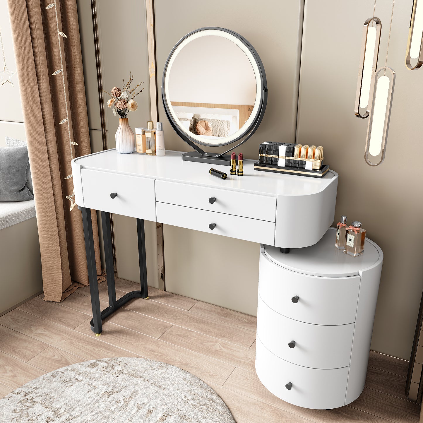 White MDF Makeup Vanity with Round Mirror & Storage