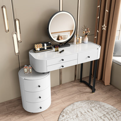White MDF Makeup Vanity with Round Mirror & Storage