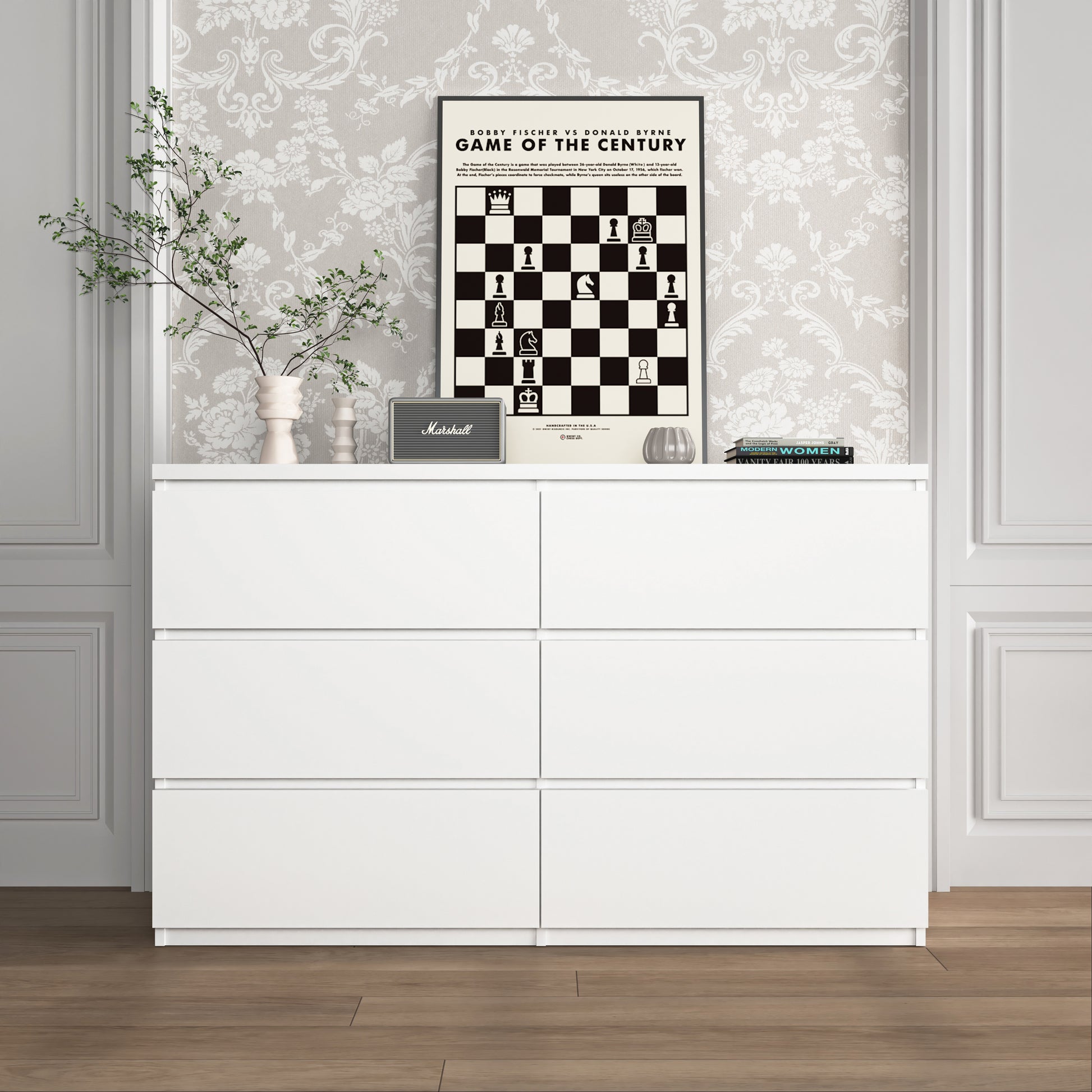 6 Drawer Storage Cabinet ,Dresser, Wood Storage Tower Clothes Organizer, Wide Chest of 6 Drawers, Large Storage Space for Bedroom, Hallway, Entryway Living Room White
