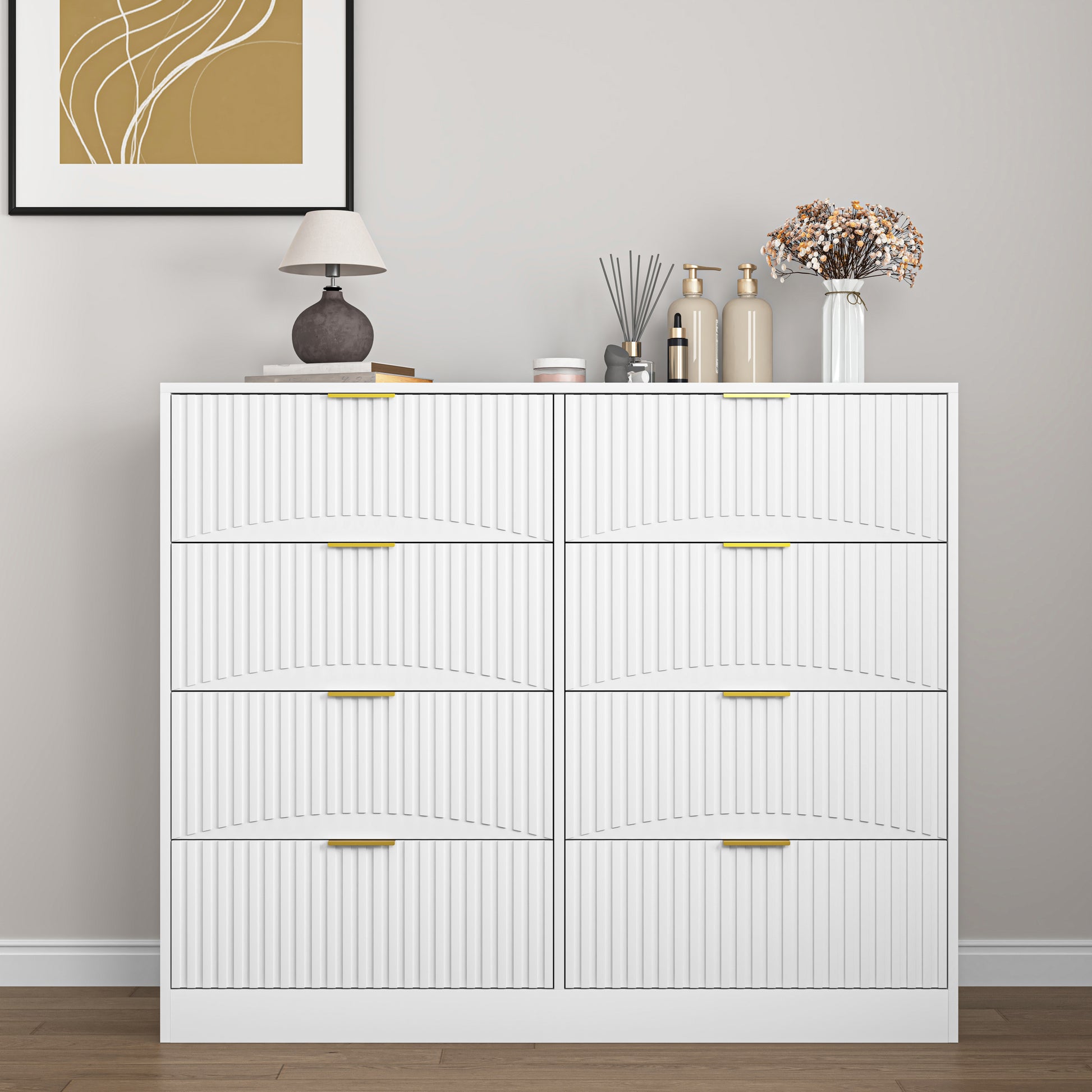 Modern 8 Drawers Dresser Chests for Bedroom,47.2" Wide Wood Chest of Drawers with Gold Metal Handle,Drawer Organizer for Bedroom,Living Room,Hallway and Entryway,White