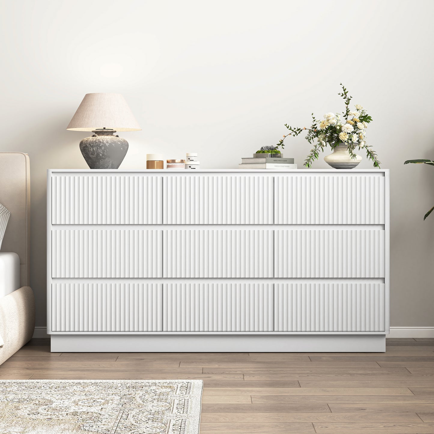 9 Drawer Dresser for Bedroom with large Drawers, Wood Dresser, Large Floor Chest of Drawers, Modern Long TV Stand, Mid Century Storage Cabinet Side Table, White