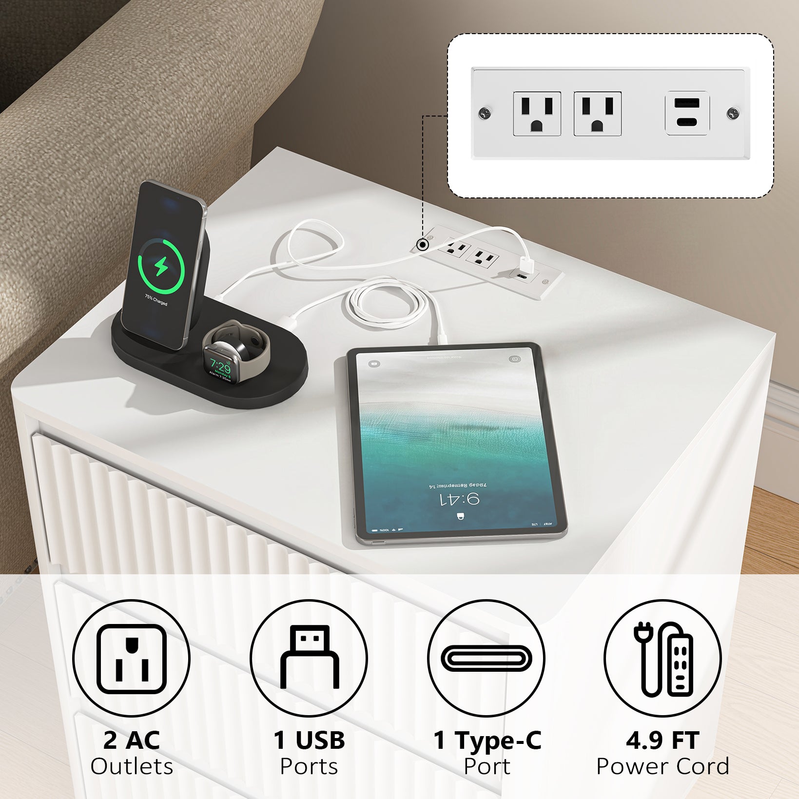 White Nightstand with Charging Station - 3 Drawers