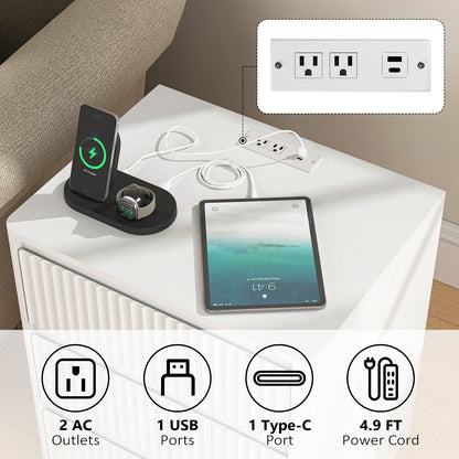 White Nightstand with Charging Station - 3 Drawers