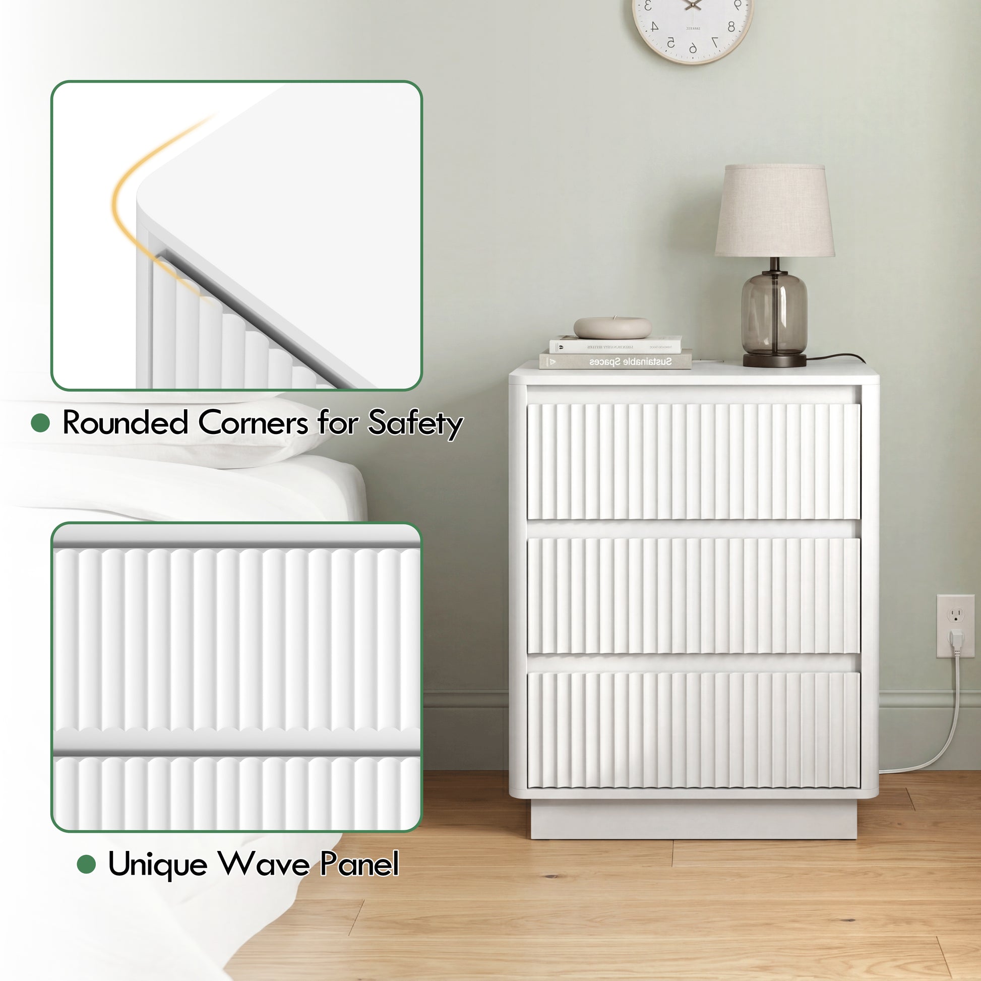 White Nightstand with Charging Station - 3 Drawers