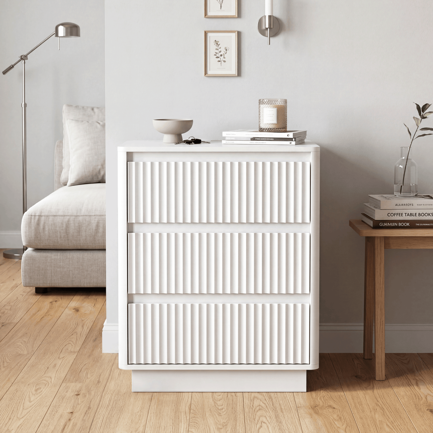 White Nightstand with Charging Station - 3 Drawers