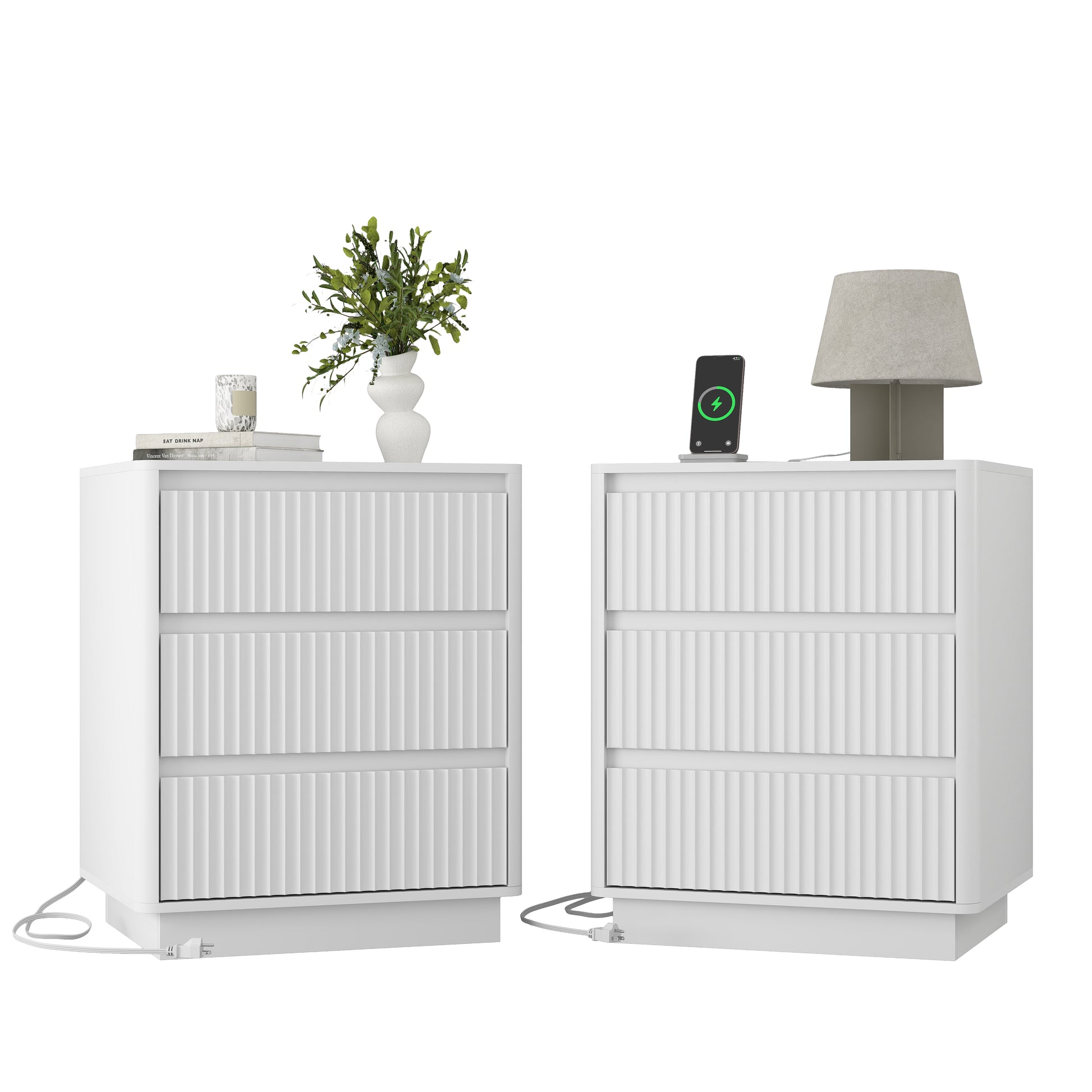 (Set of 2)End Table with Fast USB C Charging Station, Sofa Side Table with 3Drawers, Large Storage Modern Wood Storage Cabinet for Living Room,Bedroom,Office, White