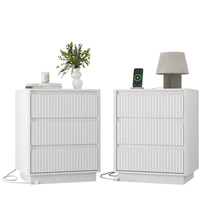 (Set of 2)End Table with Fast USB C Charging Station, Sofa Side Table with 3Drawers, Large Storage Modern Wood Storage Cabinet for Living Room,Bedroom,Office, White
