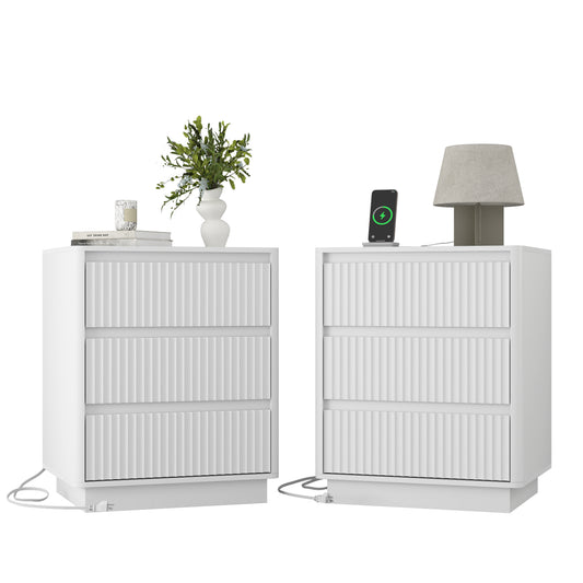 (Set of 2)End Table with Fast USB C Charging Station, Sofa Side Table with 3Drawers, Large Storage Modern Wood Storage Cabinet for Living Room,Bedroom,Office, White