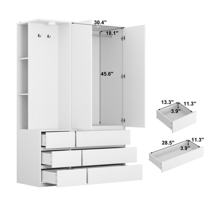 White Wardrobe Closet 71.7" H - 2 Doors, 6 Drawers for Bedroom