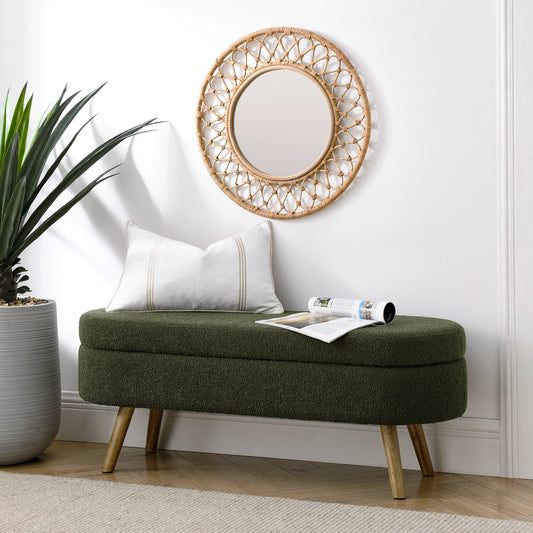 Ottoman Oval Storage Bench,Rubber Wood Legs, Green(43.5"x16"x16")