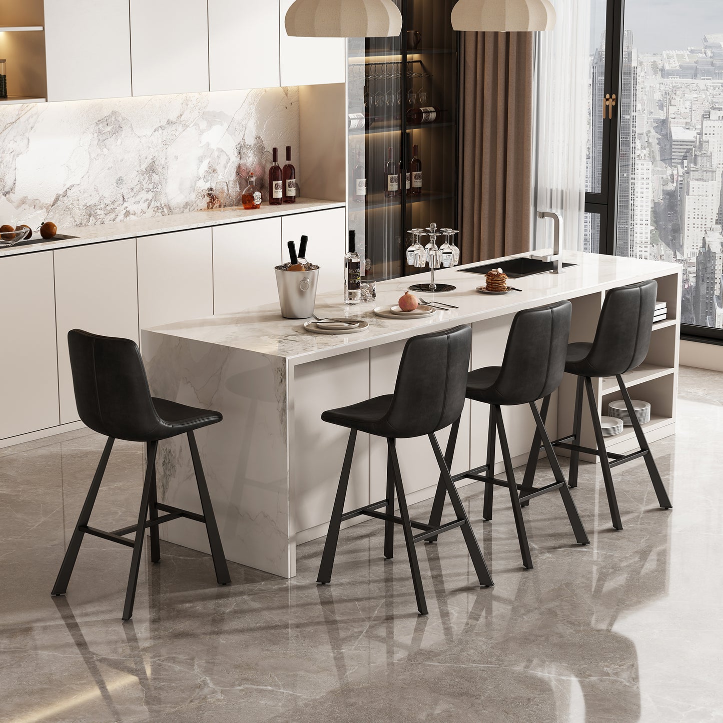 Modern Black Faux Leather Bar Stool with Ergonomic Backrest & Footrest - Sturdy Metal Frame Counter Height Seating for Kitchen Island, Home Pub & Restaurant 2 sets