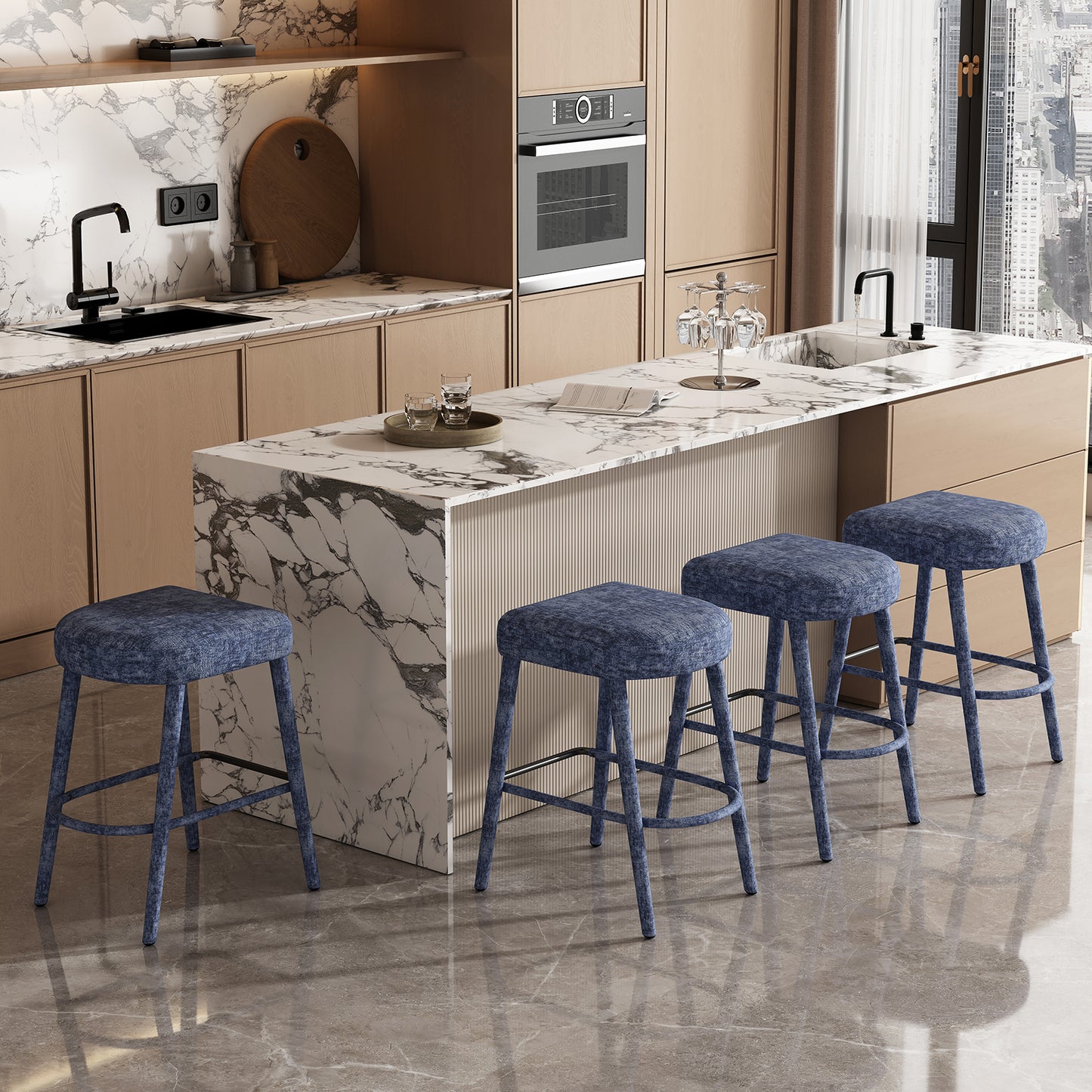 Backless Blue Upholstered Fabric Bar Stool – Comfortable Padded Seat with Sturdy Legs & Footrest, Space-Saving Seating for Kitchen Island, Dining Counter & Pub,2 Sets