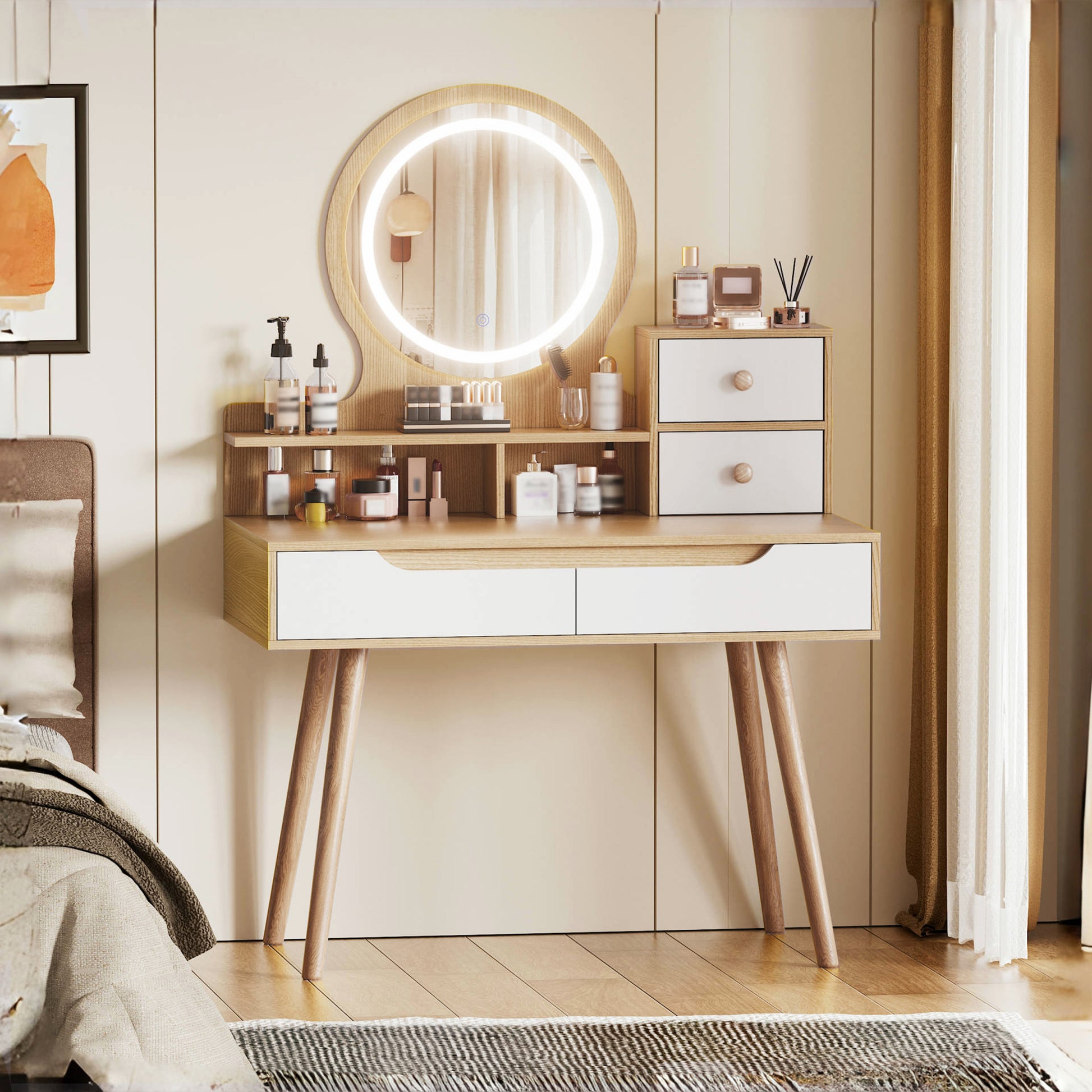 Makeup Vanity Desk with 3 Adjustable Lighted Mirror with solid wood table feet , Dressing Table Set with 4 drawers and 3 open shelves  for Small space Bedroom