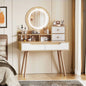 Makeup Vanity Desk with 3 Adjustable Lighted Mirror with solid wood table feet , Dressing Table Set with 4 drawers and 3 open shelves  for Small space Bedroom