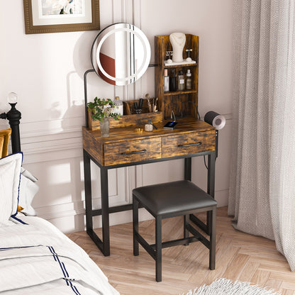 Brown Makeup Vanity with 2 Drawers & LED Mirror