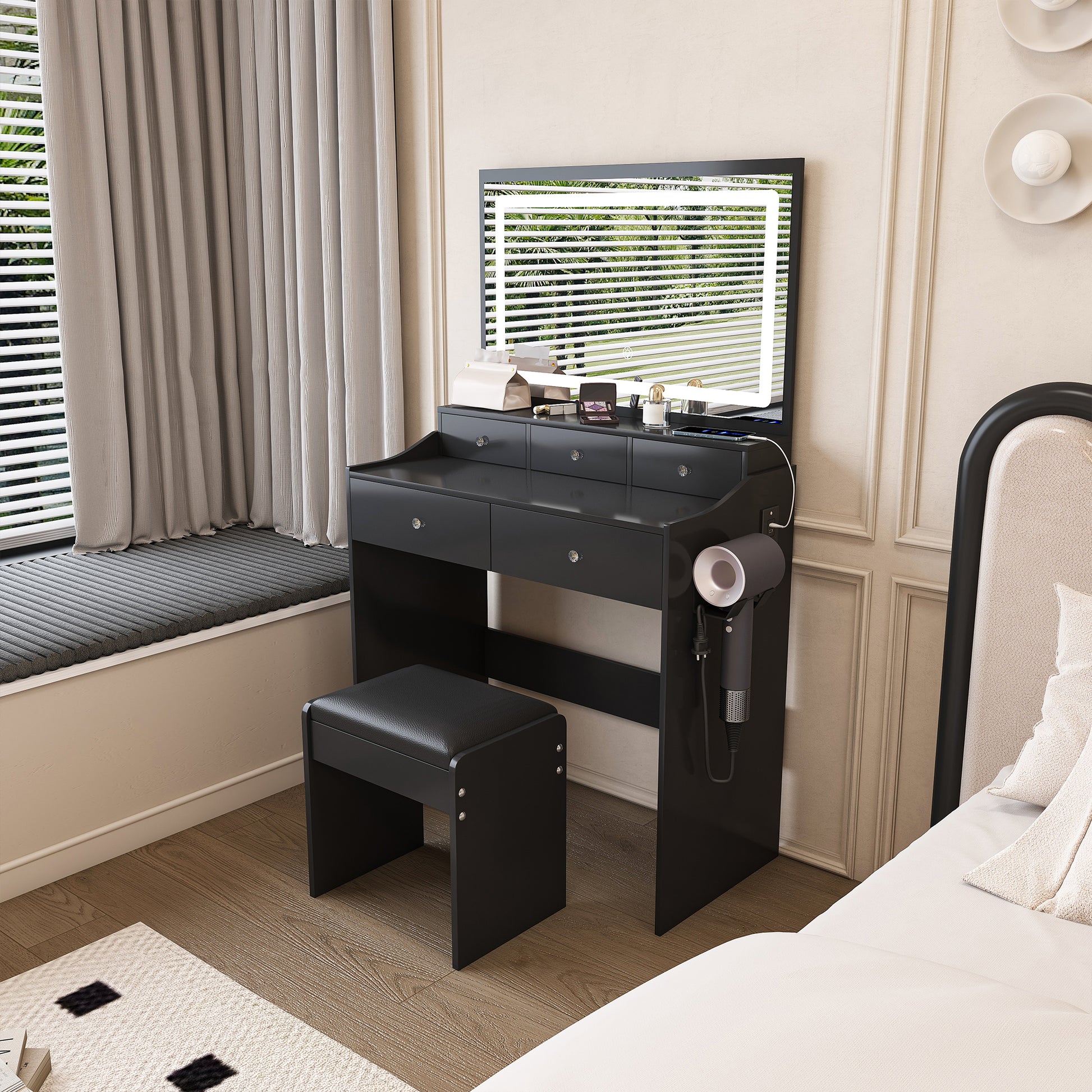 Large Black Makeup Vanity with Mirror & 5 Drawers