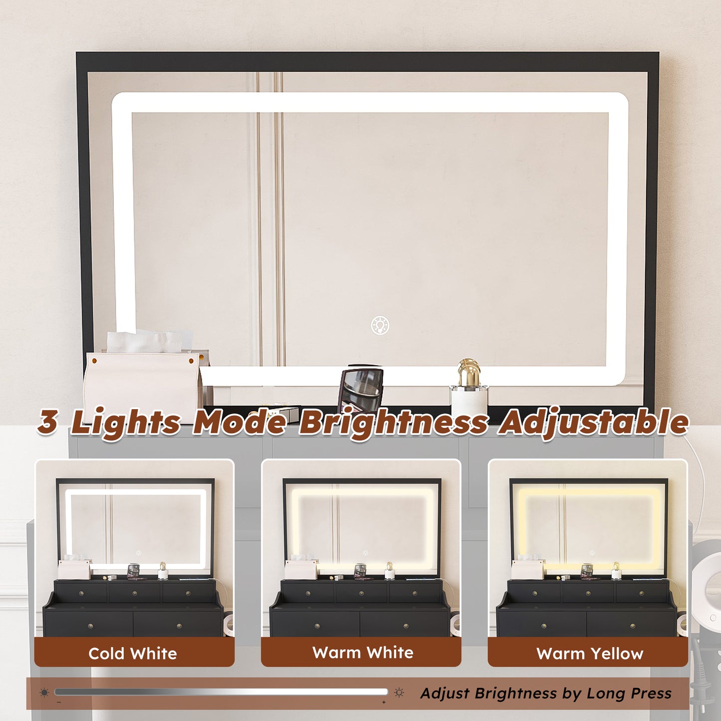 Large Black Makeup Vanity with Mirror & 5 Drawers