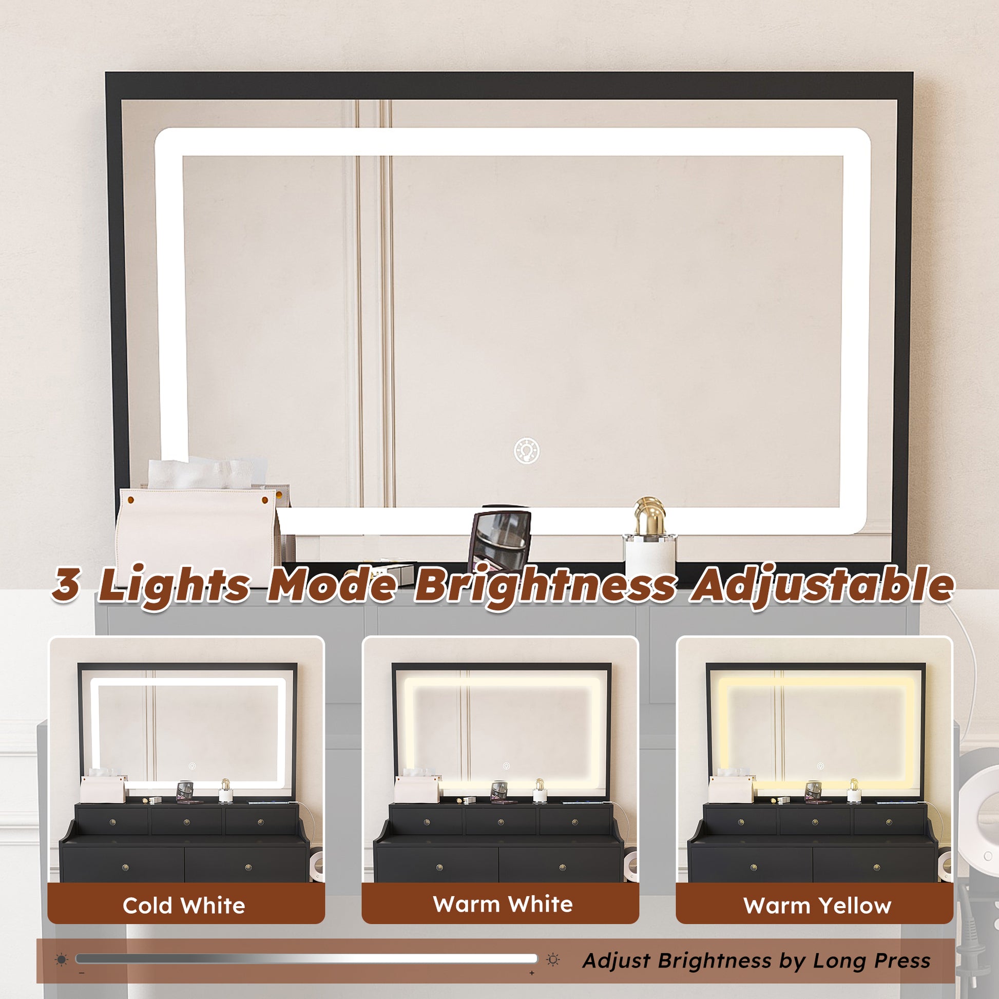 Large Black Makeup Vanity with Mirror & 5 Drawers