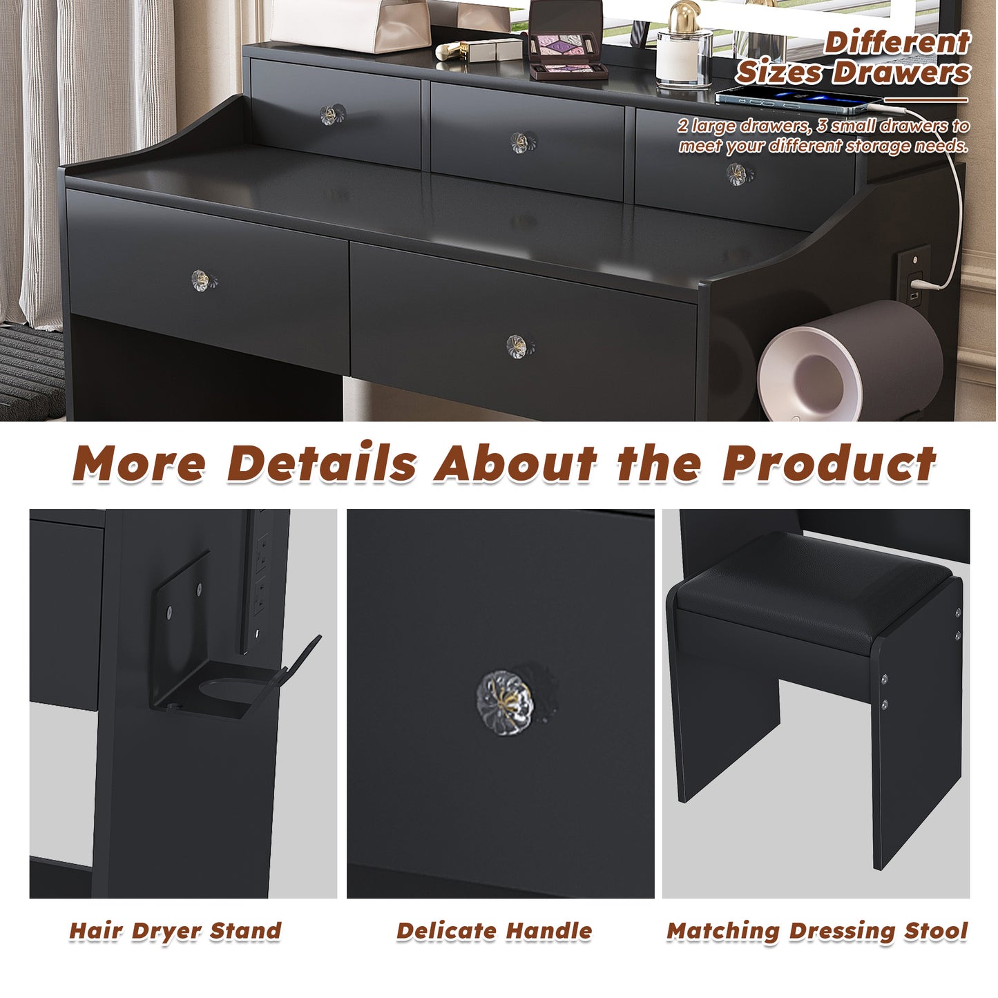 Large Black Makeup Vanity with Mirror & 5 Drawers