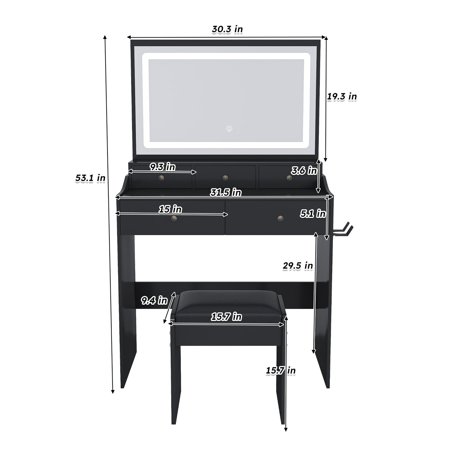 Large Black Makeup Vanity with Mirror & 5 Drawers