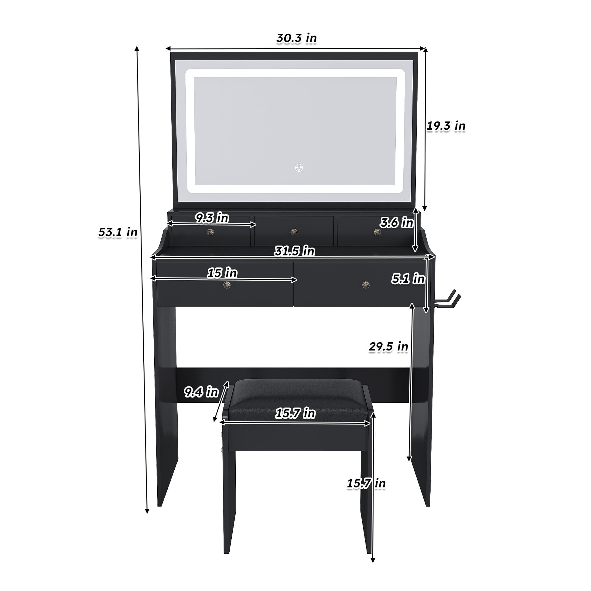 Large Black Makeup Vanity with Mirror & 5 Drawers